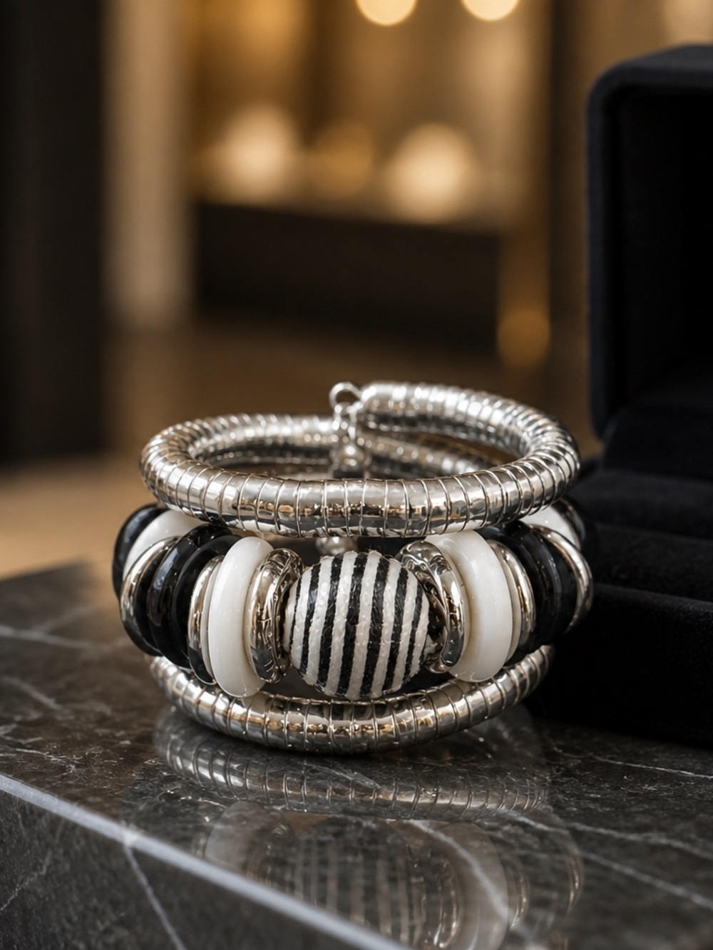 Silver Tone Spiral Coil Bracelet with White Black Bead